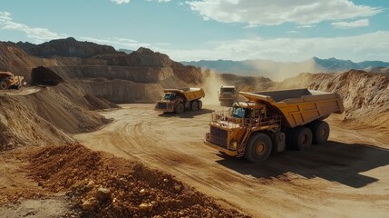 Obraz premium A gold mining process with large trucks and machinery transporting gold ore for processing at a large-scale mining operation
