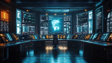 Futuristic Control Room with Holographic Energy Consumption Monitoring System