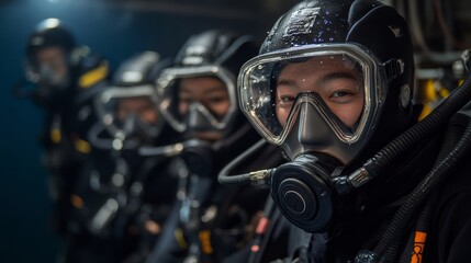 Fototapeta premium A group of people in full diving suits preparing for an underwater adventure, showcasing their excitement and readiness