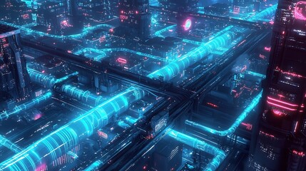 Glowing Futuristic Pipelines Transporting Energy Water and Supplies in an AI Driven Smart City