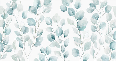 Watercolor pattern of delicate eucalyptus leaves on a white background. Soft, muted shades of green and blue evoke a calm, natural feel, ideal for botanical and nature-themed designs, Generative AI