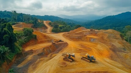 A large gold mining site with open-pit operations, showcasing heavy equipment and workers extracting gold ore for processing