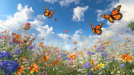 A field of wildflowers in full bloom, with bees and butterflies flying around.