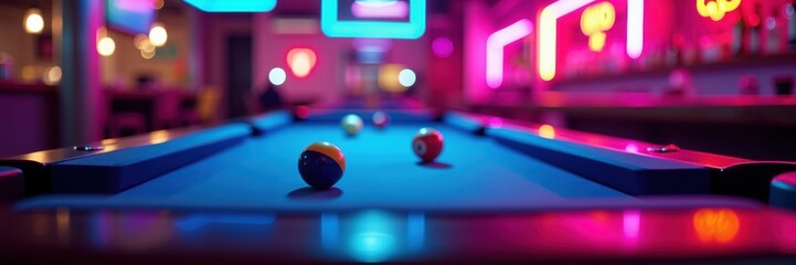 A vibrant billiards scene featuring a pool table, glowing neon lights, and colorful balls, perfect for nightlife, gaming lounges, or sports-themed promotions.