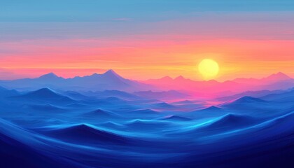 Sunset over a range of blue mountains with a bright yellow sun