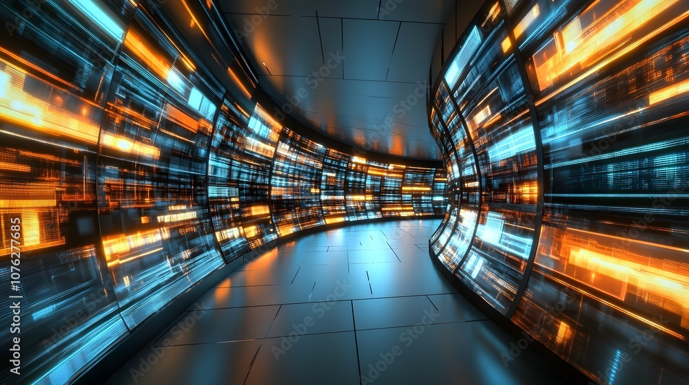 Poster 61. a dynamic 3d environment with rotating panels and glowing edges, providing space for a product i