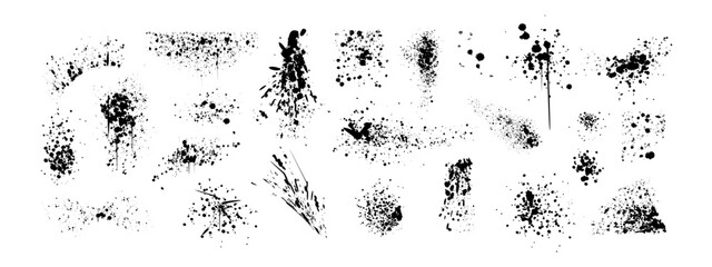 Spray paint drips, ink blots or splatters set. Black splashes, graffiti speckles and inkblot spots with dust effect. Paintbrush splotch, inky drops or liquid blobs. Abstract dirty grunge splash stains
