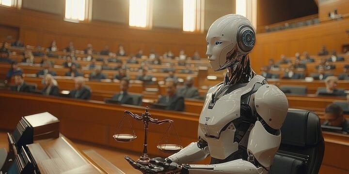 An android robot holding scales of justice in a courtroom