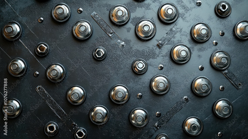 Poster close-up view of metallic fasteners and nuts on a dark surface, highlighting industrial design and t