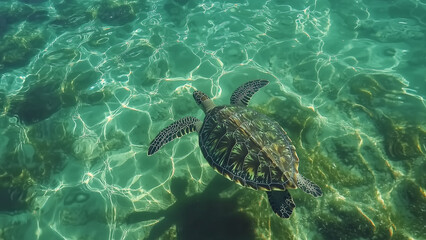 Obraz premium Transparent Elegance: Sea Turtle Gliding in Clear Water