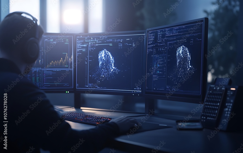 Poster A person works at multiple monitors displaying data visualizations and digital interfaces in a modern office setting.