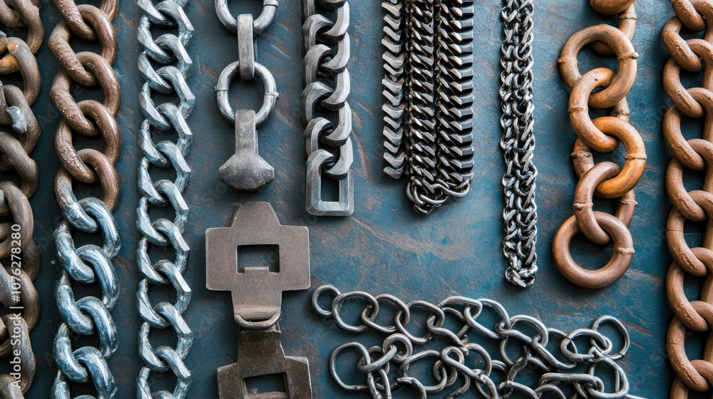 Poster a diverse collection of metallic chains and links displayed on a textured surface, ideal for industr