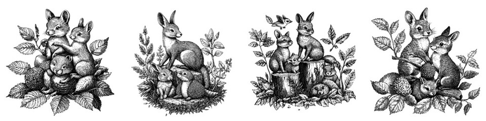 Fototapeta premium Animal forest illustrations of raccoon, elk, hare, woodpecker, hedgehog, marten, and fox. Illustration of animal forest, mice, raccoon, and hedgehog in modern hand drawn style.