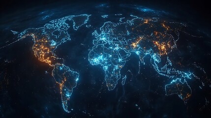 Map of the world with blue lights connecting, Technology network connecting earth map