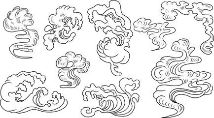 Hand drawn line for print.Chinese cloud vector for coloring book and printing on white background.Traditional Japanese culture element for tattoo design and idea.Cloud and wave illustration.Clip art.