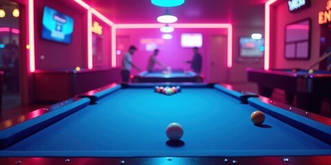 A vibrant billiards scene featuring a pool table illuminated by colorful neon lights, setting the perfect mood for a fun night out with friends.