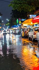 Rain-soaked street market with vibrant lights reflecting on wet pavement, AI