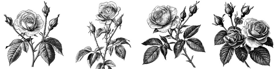 Obraz premium Sketch Floral Botany Collection. Black and white drawings of rose flowers. Blue and white backgrounds with line art. Hand drawn botanical illustrations.