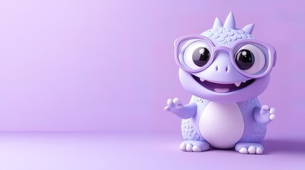 A cute purple monster wearing glasses smiles and waves against a lavender background.