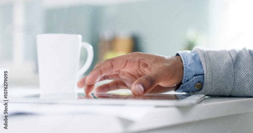 Aufkleber person, hand and tablet in home for remote work, research and connectivity for online banking. man, 