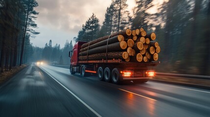 Log Truck Driving Through Forest
