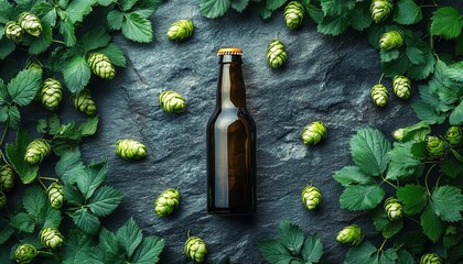 A bottle of beer lying on a rustic stone surface, surrounded by fresh green hops and leaves