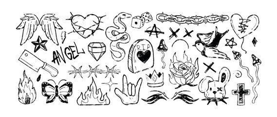 Crayon graffiti doodle rock symbols. Hand drawn y2k tattoo with fly agaric, fire flame, emo gothic heart, barbed wire, chain and burning rose. Chalk pencil heavy metal icons or charcoal goth stickers
