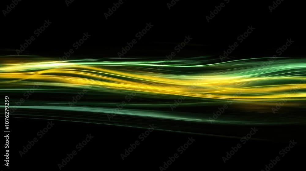 Poster abstract wave patterns in green and yellow on dark background, create a sense of motion, fluidity, a