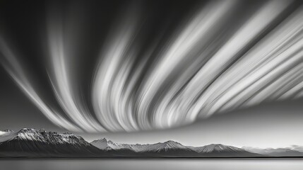 A dramatic black and white long exposure photo of clouds moving over a mountain range.