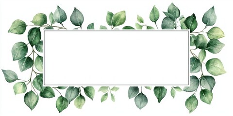Watercolor Illustration of Green Leaves Bordering a Rectangular Frame