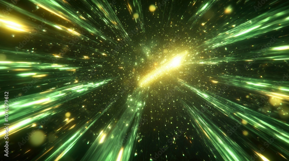 Poster expansive view of a cosmic journey through a starry galaxy with radiant light rays and twinkling par