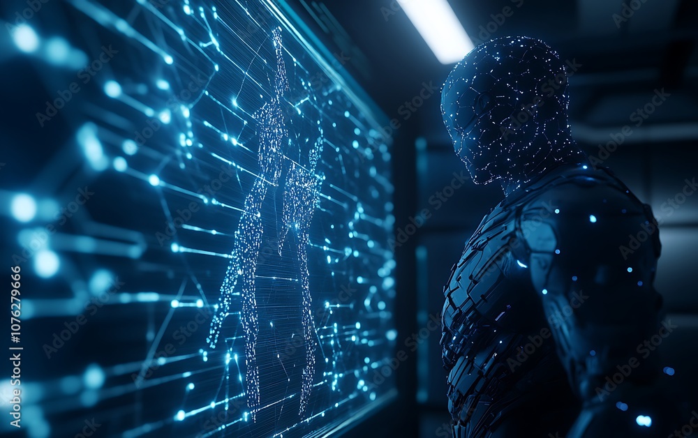 Aufkleber A futuristic humanoid figure interacts with a digital display featuring intricate blue circuitry and glowing patterns, suggesting advanced technology and artificial intelligence.