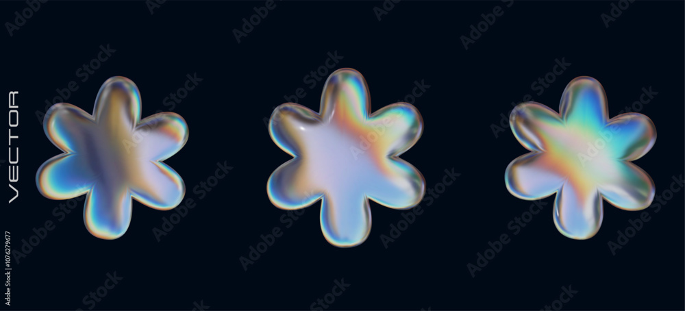 Wall mural three holographic chrome element in y2k style. 3d abstract flower isolated on dark background. vecto