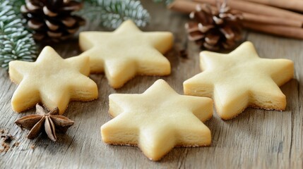 Fototapeta premium Festive Star-Shaped Cookies Garnished with Pine Cones and Cinnamon Sticks on a Rustic Wooden Table, Perfect for Holiday Celebrations and Winter Gatherings