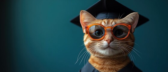 Cat in graduation cap and sunglasses, blue backdrop, celebratory and academic tone