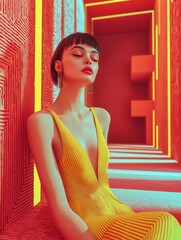 Stylish Woman in Bold Yellow Dress with Closed Eyes in Futuristic Red and Yellow Geometric Space, Embracing Modern Digital Fashion and Minimalist Aesthetic