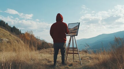 A person painting a landscape at an easel outdoors, capturing the joy of art.