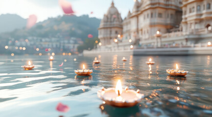 Cinematic view of Indian temple complex with floating diyas