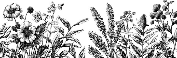 Hand-drawn images of wild herbs on a white background. Vector. Set.