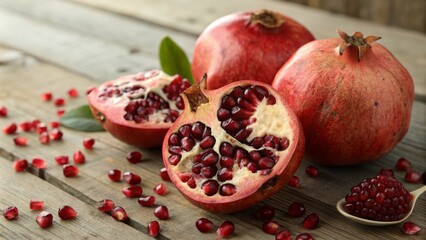Three Ripe Pomegranates and Seeds on Rustic Wood - A Symbol of Harvest and Health, Fresh Produce, Organic Fruits, Natural Decor, Healthy Eating Inspiration, Seasonal Bounty