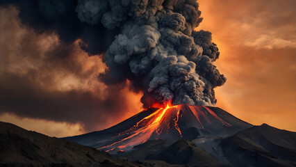 The Drama of Volcanoes Exploding in the Sun: Footage of lava streaming down and ash and smoke billowing into the sky generative ai