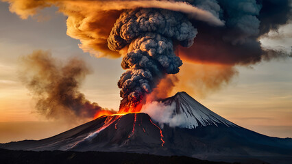 The Drama of Volcanoes Exploding in the Sun: Footage of lava streaming down and ash and smoke billowing into the sky generative ai