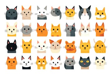 Colorful cartoon cat faces with diverse expressions and vibrant designs
