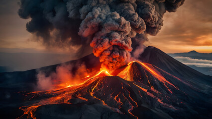 The Drama of Volcanoes Exploding in the Sun: Footage of lava streaming down and ash and smoke billowing into the sky generative ai