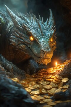 Dragon guarding a treasure hoard, flickering candlelight reflecting off golden coins in a dimly lit cave