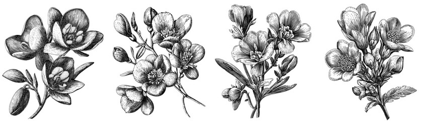 A bouquet of freesia. Black and white hand drawing.