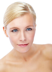 Obraz premium Thinking, makeup and glow with face of woman in studio for skincare, shine and self care. Cosmetics, dermatology and spa treatment with female model on white background for salon and collagen