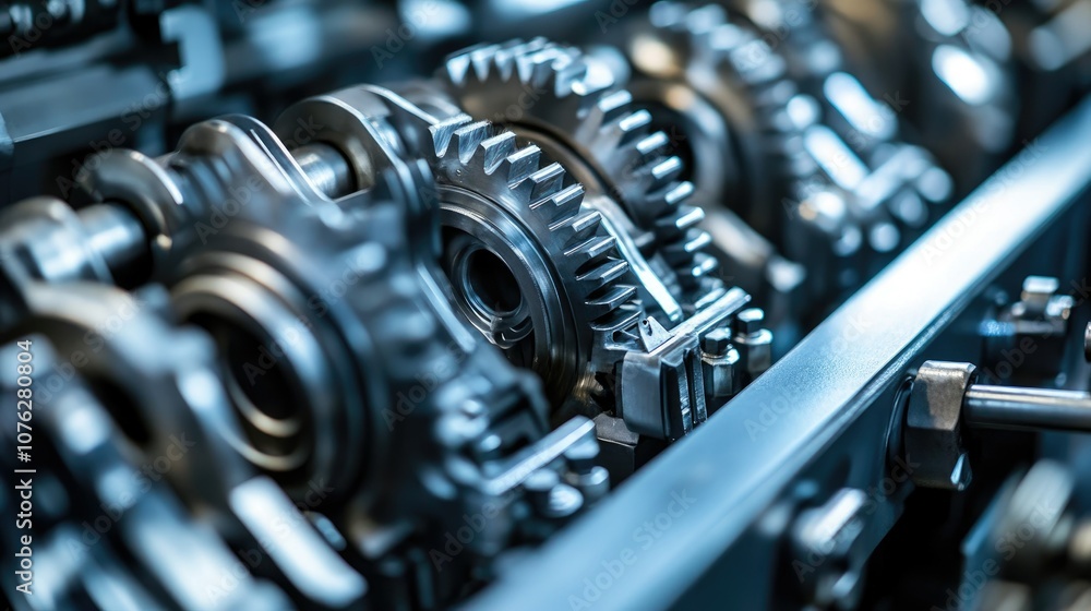 Poster close-up view of intricate metal gears and machinery components showcasing precision engineering and