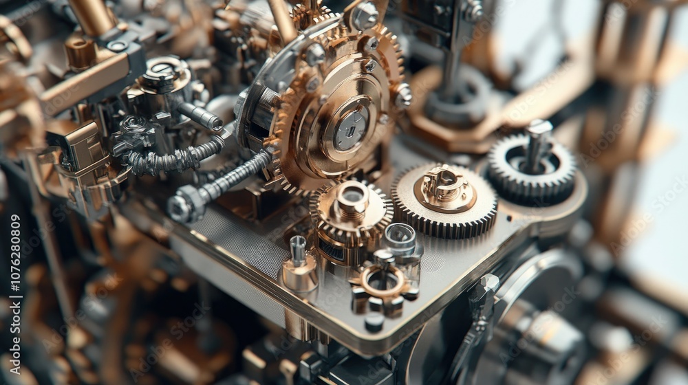 Poster intricate macro view of gold-toned gears and machinery with high detail, showcasing the complexity a