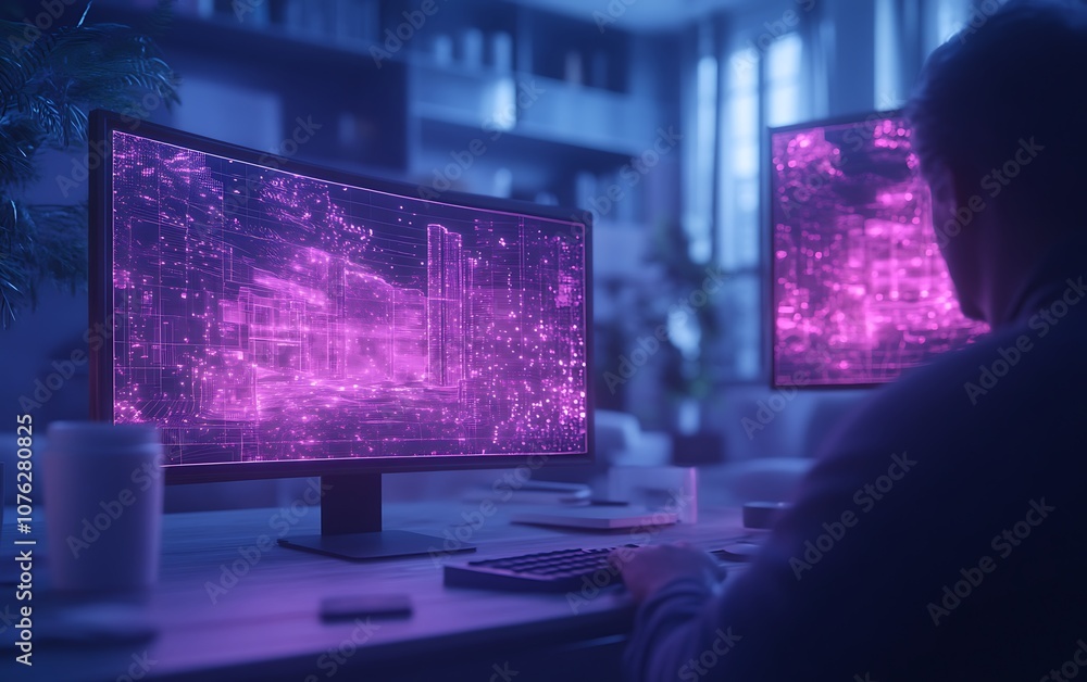 Poster A person works at a desk with dual monitors displaying vibrant, purple data visualizations in a modern, tech-oriented workspace.